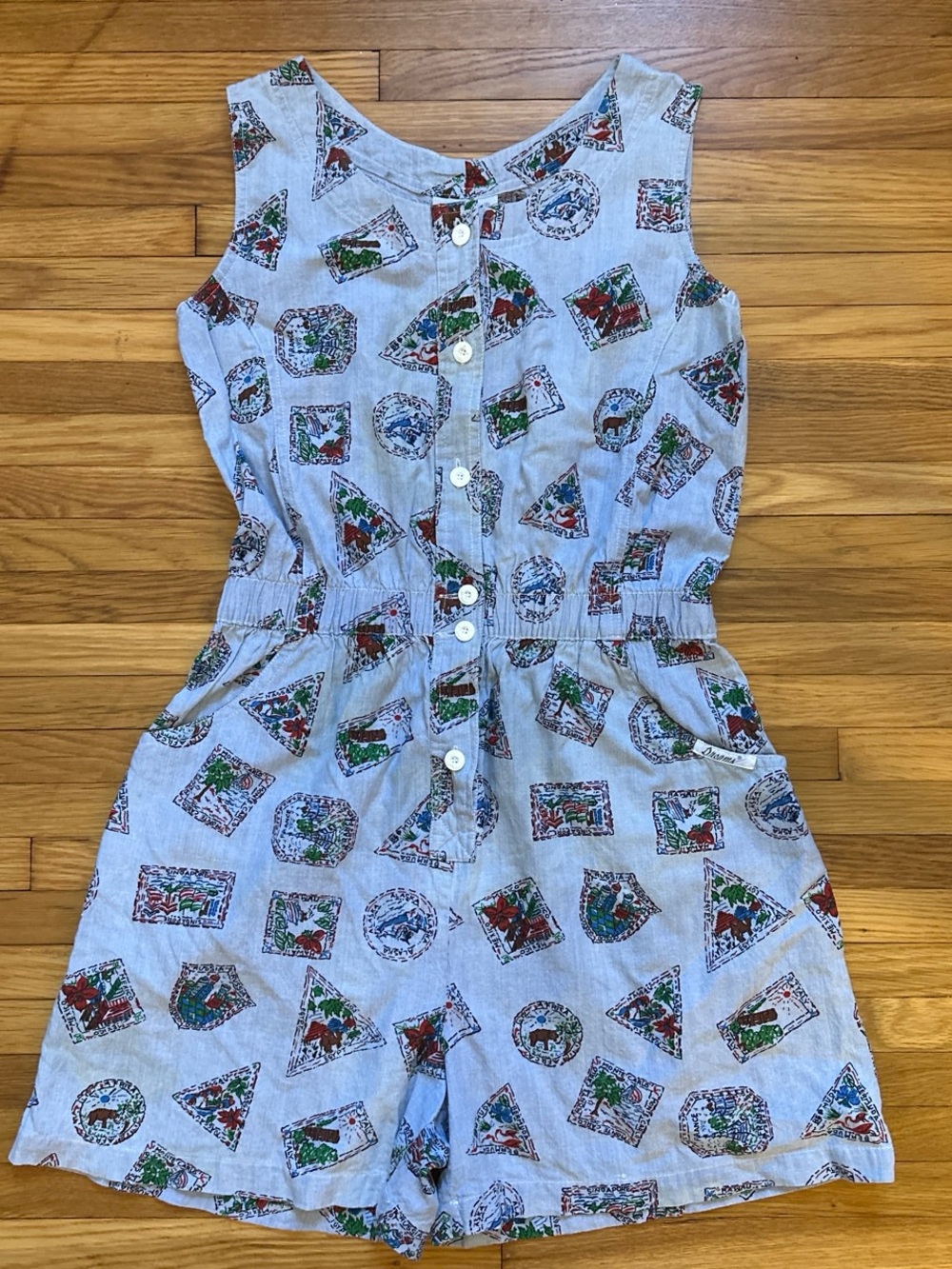 90s vintage Sleeveless Button-Front Romper with Postage Stamp Print - Light Blue
